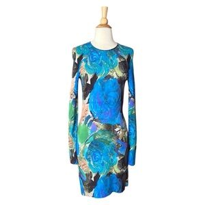 CHRISTOPHER KANE Bold Floral Mini Dress Form Fitting Blue Black Whimsy Retro